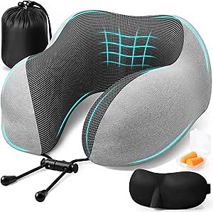 ExploreBliss Travel Pillow, Travel Pillows for Sleeping Airplane, Neck Pillow Airplane, Memory Foam Neck Pillow Set with Eye Mask, Earplugs and Storage Bag -Light Grey