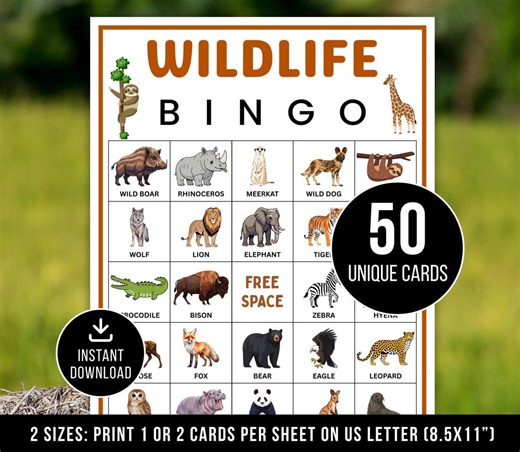 Wildlife Bingo Game, Printable Wildlife Bingo Cards, Wildlife Birthday Party Activity Game, Wildlife Lover Bingo Game, Wild Life Bingo Game - Etsy