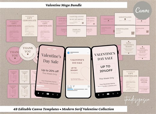 Valentine Mega Bundle - 48 Canva Templates,Small Business Valentine Marketing Kit,Instagram,Packaging Inserts,Open Hours Sign,Business Cards