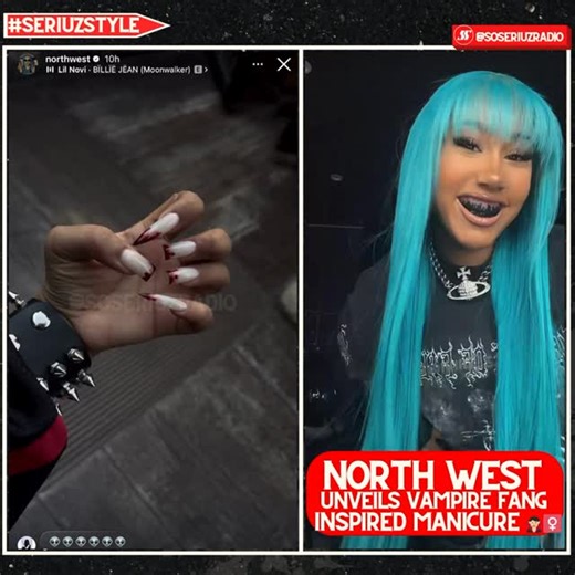 SSZRADIO ©️ on Instagram: "North West debuts vampire fangs inspired manicure 🧛🏼‍♀️ #northwest #vampire #manicure"