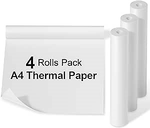 Phomemo A4 Quick-dry Continuous Thermal Paper, 8.27"x275 3/5" (210mm*6.5m) width, black text, 4 Rolls in box. Compatible with Phomemo M08F/M832/M833/M834 portable A4 printer. Storage for 10 years