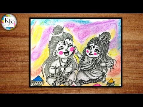 Baby Shiv Parvati Holi Drawing/Holi Special shiv parvati ki drawing/Cute Little Shiv Parvati drawing