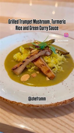Grilled Trumpet Mushroom, Turmeric Rice and Green Curry Sauce