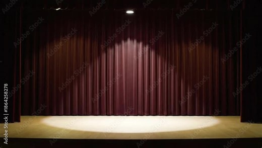 Theatrical stage with changing colored spotlight on empty stage with curtains, theater lighting with drama