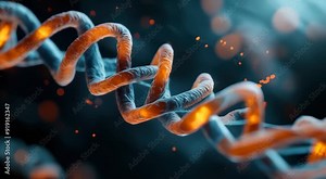Close-up view of a DNA double helix structure with glowing elements, representing genetic research and biotechnology advancements.
