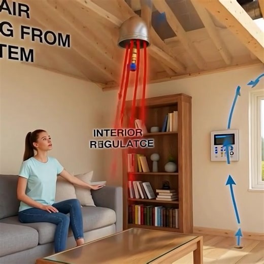 a "ROOF-MOUNTED SYSTEM" for solar air heating, showing a cross-section of a house with the system integrated. Here's a detailed description: 👉 Overall Layout: The diagram depicts the upper portion of a house, including the roof, an attic space, and an "INTERIOR ROOM SPACE" below. A solar heating system is installed, with components both on the roof and within the house structure. 👉 Components and Airflow: 1. Solar Collector: * Positioned prominently on the roof, angled to receive maximum sunli