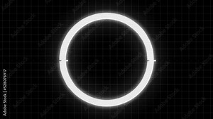 Glitch circle. Looped animation of glowing glitch circle on black background with laser grid. Animated promotion banner template with geometry shape with distortion effect for sales events.