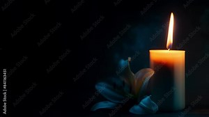 Lit candle lily on dark backdrop suited for text funeral symbol. Concept Funeral symbolism, Candle and lily, Dark backdrop, Text appropriate, Grief and mourning