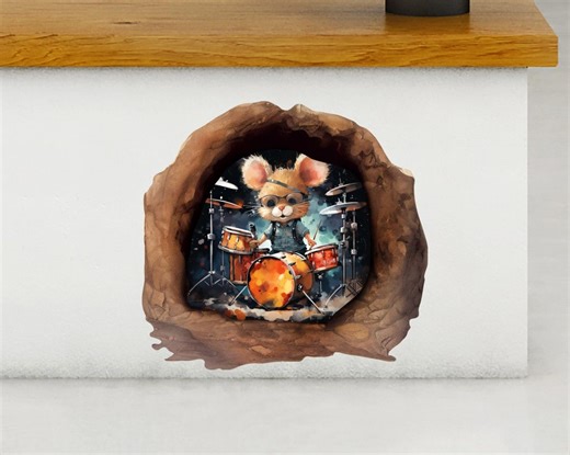 Mouse Rock Drummer in Hole Wall Decal: Removable Funny Animal Sticker - Etsy