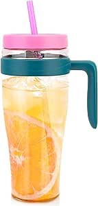 Hydraful 50 oz Tritan Plastic Tumbler with Lid and Straw and Handle - 100% Leak-Proof - Perfect for Iced Coffee, Smoothies, and Juice - Wide Mouth Reusable Water Bottle with Time Marker