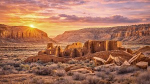 Ancient ruins standing in the desert at Chaco Canyon