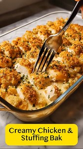 Creamy Chicken & Stuffing Bake Comforting and hearty, tender chicken swims in creamy sauce and is topped with golden baked stuffing. Ingredients: 4 boneless skinless chicken breasts (≈1.2 lbs / 550 g) 1 can (10.5 oz) cream of chicken soup 1 cup sour cream ½ cup milk 1 tsp garlic powder 1 tsp dried thyme Salt & pepper to taste 1 box (6 oz) seasoned stuffing mix 1 ½ cups chicken broth (for stuffing topping) Instructions: Preheat oven to 350 °F (175 °C). Grease a 9×13‑inch baking dish. Place chicke