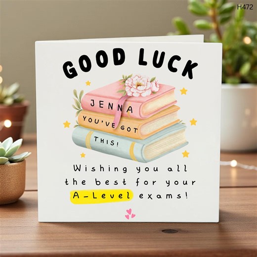 Personalized A Level Good Luck Card, Aesthetic Book Stack Exam Card, Custom Name Student Encouragement, Best of Luck With Exams, GCSE - Etsy UK