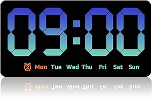 Digital Wall Clock 8.5 Inch Large Display LED Clock with Date Week Temperature Double Alarm 3 Levels Brightness Adjustable Wall Clock for Living Room Bedroom Office No Battery (Blue)