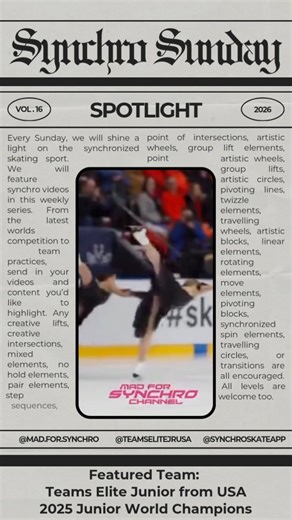 SynchroSkate App on Instagram: "Our First Synchro Sunday Spotlight of 2026 goes to the reigning Junior World Champions ✨ @teamselitejrusa 🇺🇸 An amazing fan submission to kick off #synchrosunday in 2026! 🥳 Each Sunday we feature synchro teams and fun skills within the sport! Send us your videos to be featured! All levels are encouraged to participate! ⛸️ Skating Video by @mad.for.synchro 🎥 Video made with @canva @oneteammvmt @globalsynchroambassadors @isufigureskating @jurasynchro @usfiguresk