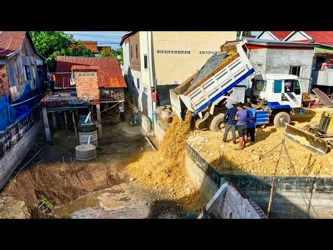 Start Opening New Project!! KOMAT'SU Bulldozer D20P pushing Soil into flooded​ Pond& 5Ton Trucks.