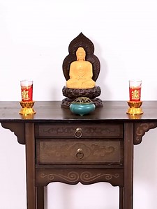 Altar Table with Drawer and Shelf, Chinese Feng Shui Buddhist Altar Cabinet, Bamboo Wood Pooja Cabinet for Home or Temple Worship
