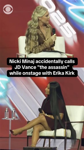 Rapper Nicki Minaj inadvertently referred to Vice President JD Vance as “the assassin” as she was speaking with Charlie Kirk’s widow, Erika Kirk during a Turning Point USA event Sunday. Kirk, Turning Point USA's CEO, brushed off the mistake, saying, “Trust me, there’s nothing new under the sun that I have not heard." https://cbsn.ws/4pe7Gxf | CBS News