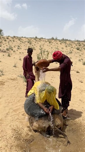 قبل السفر وفي شدة الحر يبرّد الفلاح زوجته بالماء البارد فوق الجمل لتتحمل حرارة الطريق