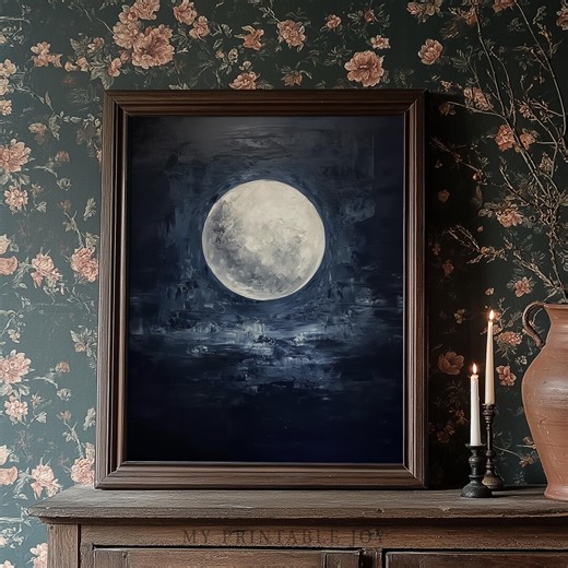 Moody Full Moon Printable - Gothic Dark Academia Art, Celestial Autumn Night Sky Wall Decor, Expressive Moody Painting, Digital Download 780