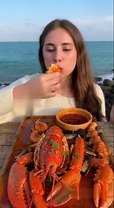 Pretty Lady Eats Giant Spicy Seafood on Mountain Roof 🌶️🦐 | ASMR No Talking #Shorts