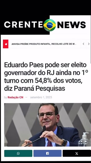 Portal Crente News on Instagram: "O prefeito do Rio de Janeiro, Eduardo Paes (PSD), desponta como o favorito para a disputa ao governo do Estado nas eleições do ano que vem. Levantamento da Paraná Pesquisas divulgado nesta segunda-feira, 1º de setembro, mostra Paes com 54,8% das intenções de voto no primeiro turno — com 30 pontos porcentuais a mais do que a soma dos demais nomes sondados. Na sequência, aparecem o ex-deputado federal Washington Reis (MDB), com 10,6%; o deputado estadual Rodrigo B