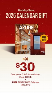 Wrap up your holiday shopping in one click with Azure's Exclusive Holiday Offer! 🎁⁠ ⁠ A subscription to AZURE at $30 per year (regular price - $43.95) your choice of; ⁠ ✔️ a tote,⁠ ✔️ a 2026 calendar, ⁠ ✔️or a CEU course⁠ ⁠ ‘Tis the season to be inspired. ⁠✨️⁠ ⁠ Claim your offer now! https://azure.secure.darwin.cx/W5YBAGCA | Azure Magazine