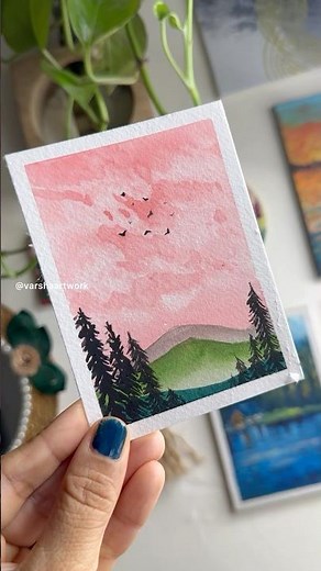 Watercolour painting pink sky 🏔️peel of tape #shortsviral #shorts #art #watercolor #varshaartwork