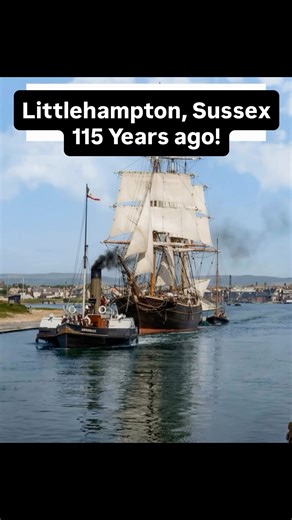 Littlehampton. 115 Years ago! Views from Edwardian Littlehampton, near Worthing in West Sussex. *Edwardians watch as the tug pulls the sail boat out of harbour. *A horse carriage exits the old wooden ferry, next to the dismantled old bridge. A few years later in 1908, the Duke of Norfolk opens the new metal swing bridge. (Demolished and replaced in 1980) *The grand parade in the High Street to celebrate the coronation of George V in 1910. *Edwardians enjoy a sunny day on the beach. *A windy day 