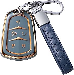 for Cadillac Key Fob Cover with Leather Lanyard, Car Key Case Shell Protection for Cadillac Escalade CTS SRX XT5 ATS CT6 5 Buttons Smart Remote Control Protector, Black