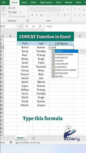 CONCAT Function in Excel | Combine Text & Cells Easily #Excel #CONCATFunction #ExcelTips #ediary9