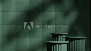 dark green cylinder podium looping seamless shadow animation with square pattern wall, 3d footage render scene template