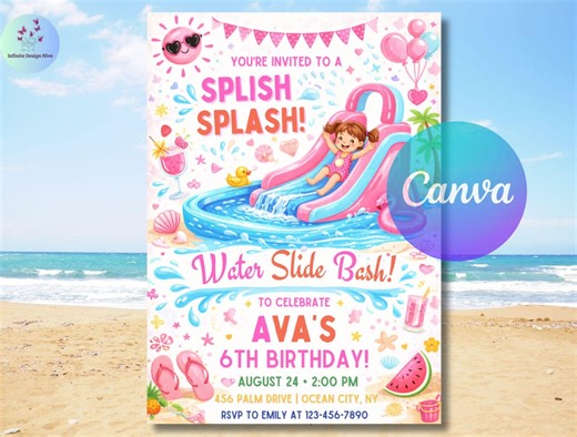 Water Slide Birthday Invitation, Water Slide Invitation, Summer Pool Party Splish Splash Invites, 5x7 Canva