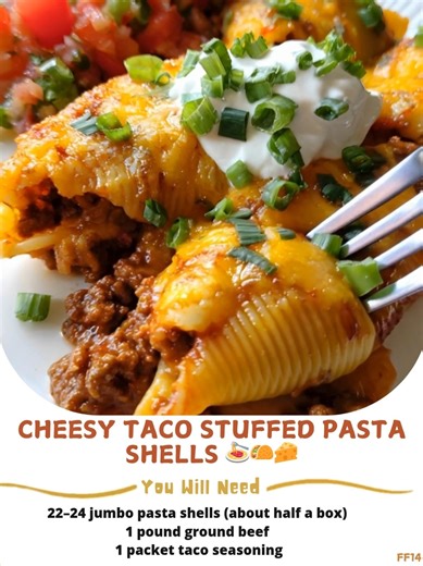 Cheesy 🎄 Taco Stuffed Pasta Shells 🍝🌮🧀 Stuffed pasta shells brimming with creamy, cheesy taco filling – a family-friendly comfort meal! Ingredients 22–24 jumbo pasta shells (about half a box) 1 pound ground beef 🤖 | Comfort Food Recipes
