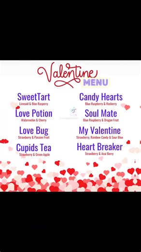 Eagle Nutrition on Instagram: "💕 Valentine Menu is Here! 💕 Love is in the air, and so are these amazing flavors! 🌹✨ Whether you’re celebrating with your sweetheart, friends, or treating yourself, our Valentine Menu is packed with sweet sips you’ll love. 🥤❤️ 🌟 SweetTart (Limeaid & Blue Raspberry) 🌟 Love Potion (Watermelon & Cherry) 🌟 Love Bug (Strawberry & Passion Fruit) 🌟 Cupids Tea (Strawberry & Green Apple) 🌟 Candy Hearts (Blue Raspberry & Raspberry) 🌟 Soul Mate (Blue Raspberry & Dra