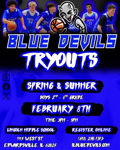 Blue Devils Spring & Summer Tryouts are HERE. Non-travel teams. Serious hoops. Real development. We’re looking for the best talent at every grade level ready to compete, work, and get better. ✔️ 25–30 games ✔️ Practice 2x per week ✔️ Additional training included ✔️ Nike apparel ✔️ Family-oriented environment Come play for one of the top programs in the area. 📍 Lincoln Middle School 📅 February 8th | 3–5 PM 🔗 Register: ilbluedevils.com/tryouts Go Blue Devils! 💙😈🏀