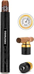 CIGARLOONG Aluminum Cigar Tube Humidor, 3-in-1 with Hygrometer, Punch and Holder Stand Travel Case, Gift for Cigar Lovers (Black)