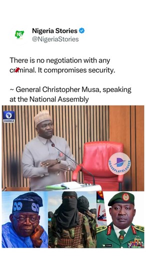Daveplay on Instagram: "There is no Negotiation with any Cr!minal. It Compromises Security If you negotiate with them (b¥ndits), they will never abide by it. It is just a momentary tact!c, what they do is try to buy time to acquire more arms, and then they will come out again. We have seen it repeatedly - Minister of Defence nominated by President Tinubu, General Christopher Musa, speaking at the National Assembly What’s Your Thought?"