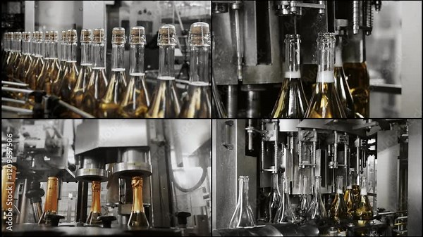 Multi screen collage of automated glass bottle bottling line at factory.
