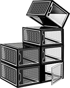 Shoe Storage Box, 6Pack Clear Plastic Drop Front Shoe Boxes, Starogegc Stackable Shoe Organizer Containers, Hard Plastic Shoe Case for Women/Men's Shoes, Fit up to US Size 10(Large) (6PACK, BLACK)
