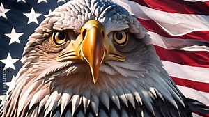 A majestic bald eagle with the American flag in the background, perfect for Fourth of July or Memorial Day celebrations