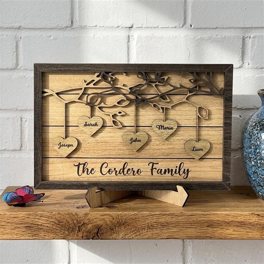 Custom-engraved wooden family tree photo frame, perfect gift for Mother's Day, Father's Day, Grandma's Day, or Mom