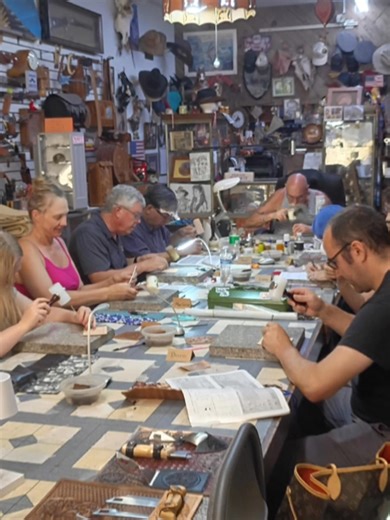 The leather journey has begun! On their second night of leathercraft class, our Thursday night beginners learned how to bevel, bringing depth, shadow, and form to their designs. These first steps are the foundation of great leatherwork! #LetsTalkLeather #LearnLeathercraft #HandcraftedLeather | Standing Bear's Trading Post, Leather by WC
