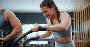 Fitness, spin class and woman in gym for cardio training, intense workout and exercise for health. Sports, sweating and people on cycling equipment or machine for performance, endurance and wellness