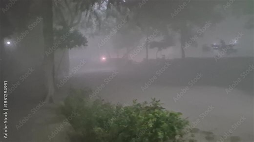 A fog-laden nighttime scene shows low shrubs in the foreground, tree silhouettes lining a quiet road, and distant vehicle lights diffusing softly through the thick mist.