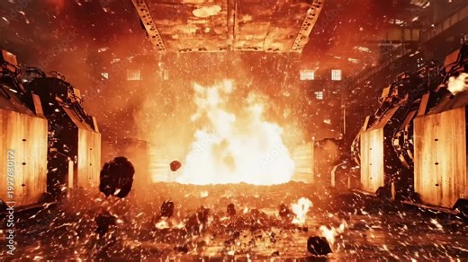 Intense fire engulfing a large building with debris and flames everywhere.