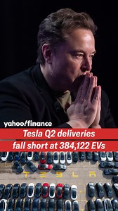 Tesla delivered 384,122 EVs in its second quarter, less than the 389,407 projected by Wall Street analysts tracked by Bloomberg consensus estimates. The company's deliveries for the period marked a 13% drop from the prior year but an increase from the 336,681 vehicles delivered in the first quarter. More: https://finance.yahoo.com/video/tesla-deliveries-bezos-stock-sale-114655548.html | Yahoo Finance
