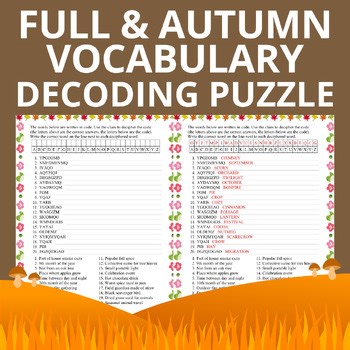 Fall & Autumn Vocabulary Decoding Puzzle | Fun Word Work Activity with Solutions