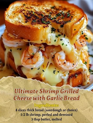 Ultimate Shrimp Grilled Cheese with Garlic Bread Description: This isn't your average grilled cheese! Juicy shrimp, gooey cheese, and buttery garlic bread come together to make the Ultimate Shrimp Grilled Cheese. Crispy, melty, and full of bold flavor. Ingredients: 8 large shrimp (peeled and deveined) 1 tbsp butter 1 garlic clove (minced) Salt and pepper to taste 4 slices thick bread (sourdough or white) 1 tbsp garlic butter (for spreading) 1 cup shredded mozzarella or cheddar cheese 1 tbsp pars