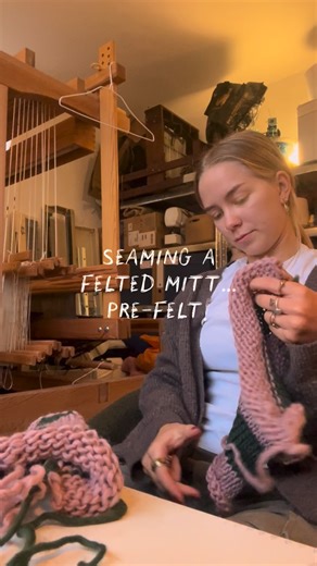 Felicity Stitches on Instagram: "A felted mitt… pre-felt 🐑 🪡 Seaming is just one of the steps towards creating our felted mitts, by using a mattress stitch it creates a seamless effect! 🧵 #Knitting #handknit #feltedmitts #feltedknitting #knittedmitts"